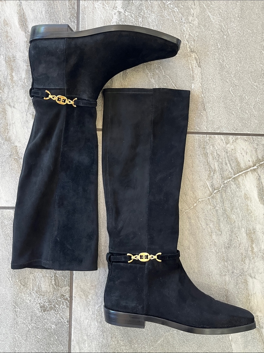 🖤💛 Sam Edelman Clive Knee High Boots Size 8 Black Suede Leather Riding